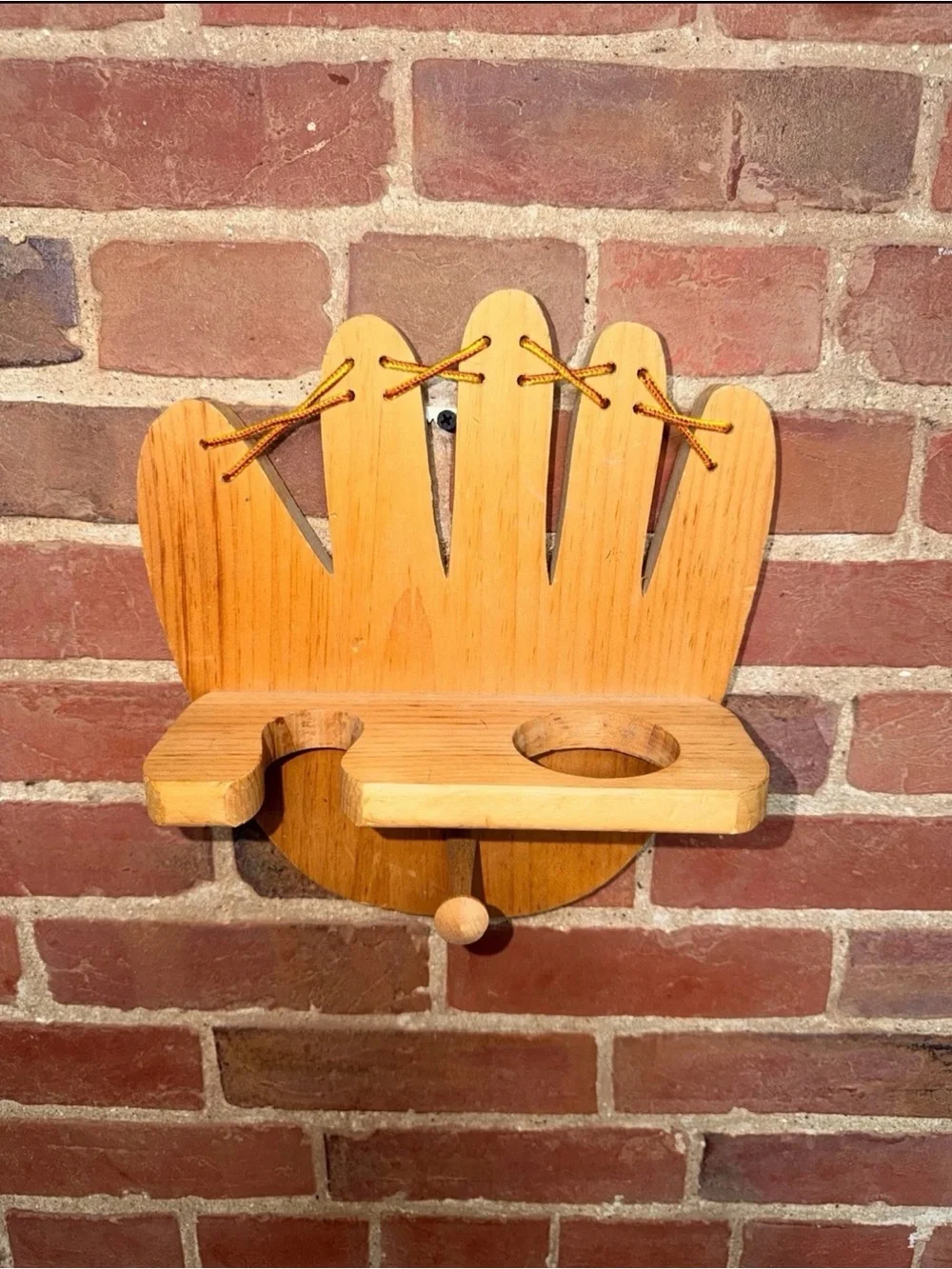 Wooden Baseball Glove Wall Shelf Hanging Hook Decorative Leather